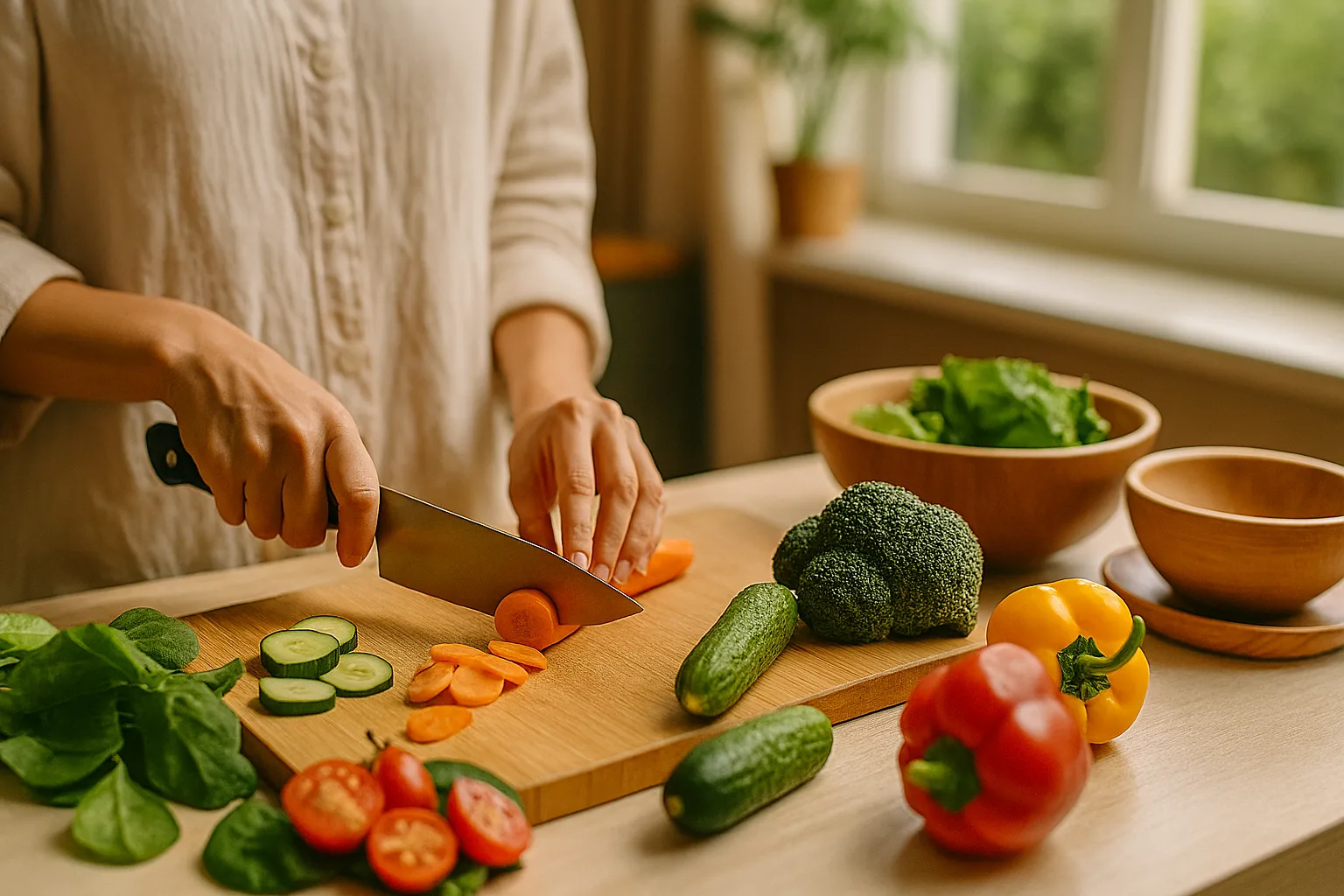 Mani che preparano ingredienti con calma su tagliere in cucina luminosa