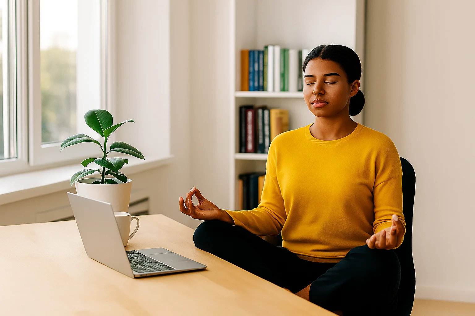 Micro-Meditazione in Ufficio: donna seduta con occhi chiusi e postura rilassata in ambiente luminoso e ordinato