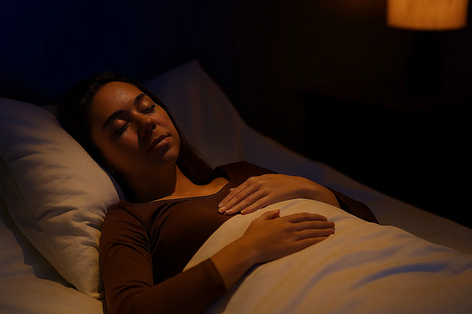 Donna sdraiata a letto con occhi chiusi, in postura rilassata, luce calda e atmosfera serena: routine serale di mindfulness per dormire meglio